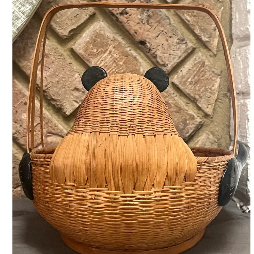 Vtg Shanghai Wicker Rare Panda basket wood and wicker Boho woven rattan Folk Art